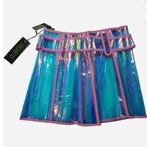 Club Exx Dolls Kill- Holographic Iridescent PVC Festival mini skirt Sz Small NWT